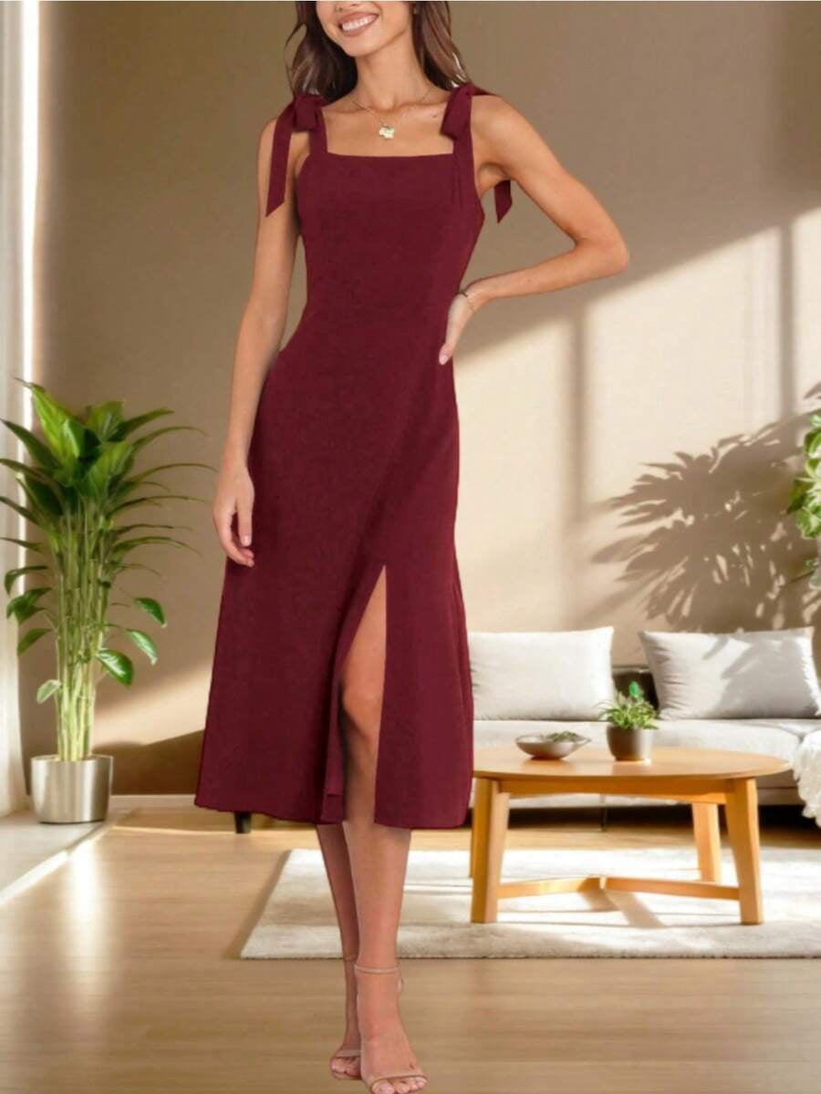 midi burgundy dress for wedding guest Womens Square Neck Tie-Shoulder With Side Slit Or Party, Women's, Size: XL, Red suggesting a breathable single Mock Neck Mesh Overlay Dress | Sheer Formal Dress for Musicians (Size):2X edit: occasionwear Autumn wedding Harley Quinn Suicide Squad