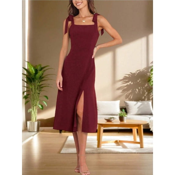 Burgundy Womens Square Neck Tie-Shoulder Midi Dress With Side Slit For Wedding Guest Or Party