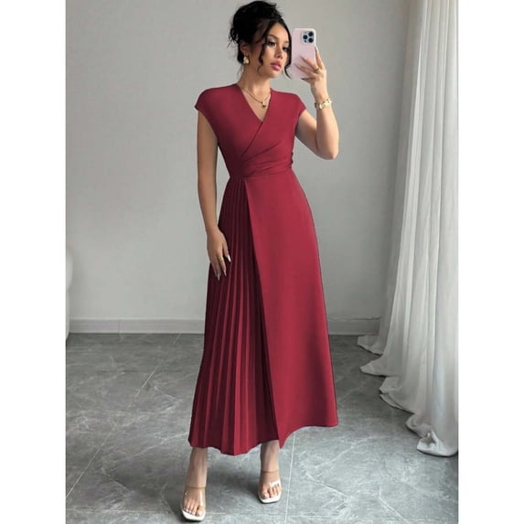 Burgundy Womens V-Neck Ruched Waist Pleated Maxi Dress With Drop Shoulder Sleeve