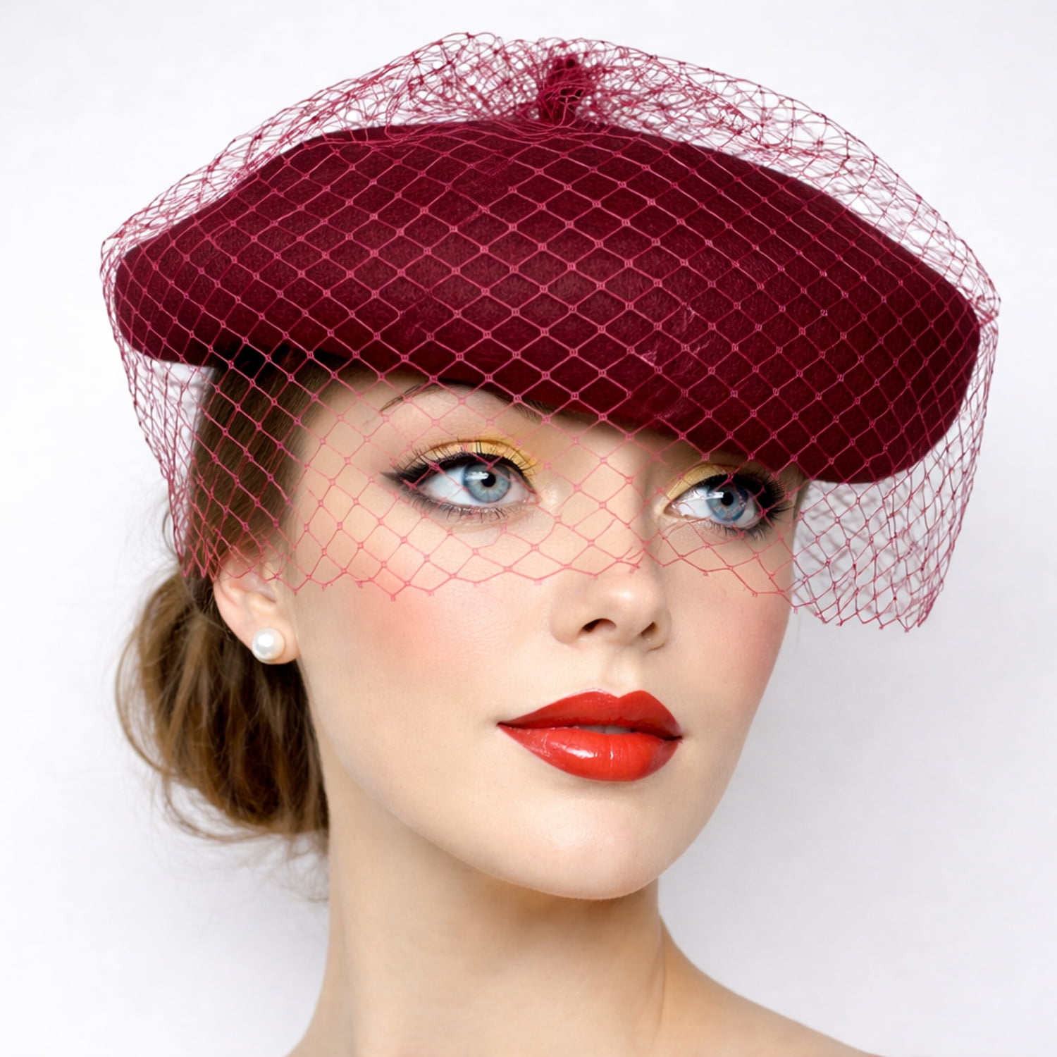 Burgundy Wool Felt Beret w Veil Netting - Church, Party, Retro Style by Hey Viv