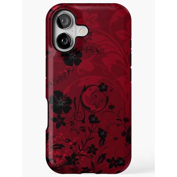 Burgundy and Black Floral Vine Tough Case for Apple iPhone, Dual-Layer Polycarbonate and TPU