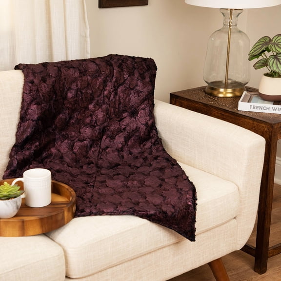 Burgundy and Black Plush and Velvety Faux Fur Throw Blanket 50" x 60"