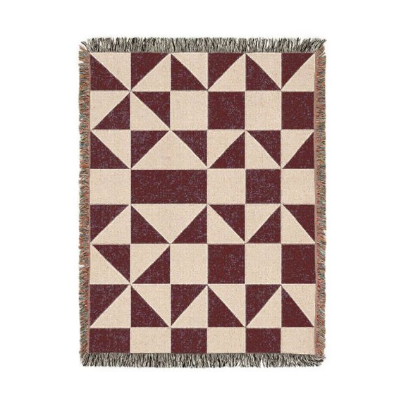 Burgundy and Cream Geometric Triangle Woven Blanket, 100% Cotton, Modern Home Accent