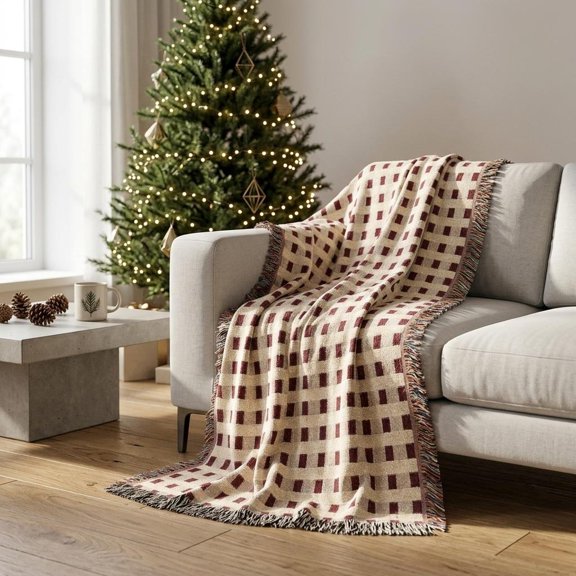 Burgundy and Cream Offset Grid Woven Blanket, 100% Cotton, Geometric Style for Living Room