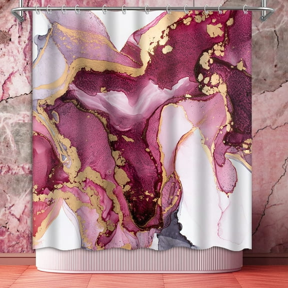 Burgundy and Gold Marble Shower Curtain, Abstract Purple Pink Modern Luxury Art Waterproof Fabric Shower Curtain for Bathroom Decor, 72 x 72