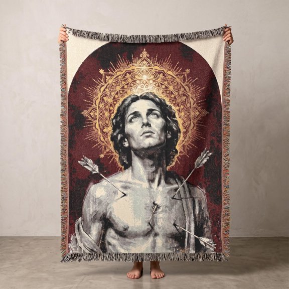 Burgundy and Gold Saint Sebastian with Arrows Woven Blanket, 100% Cotton, Sacred Art Style for Home Decor