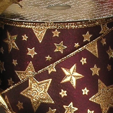 Burgundy and Gold Star Print Wired Craft Ribbon 2.5" x 20 Yards