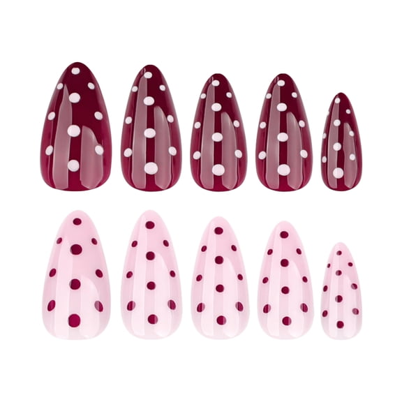 Burgundy and Light Pink Polka Dot Press on Nails, Medium Almond Glossy False Nails, 24 Count