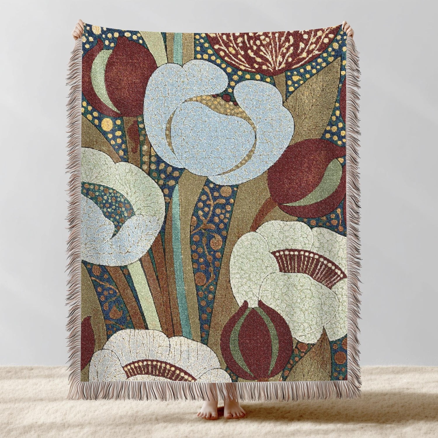 Burgundy and Pale Blue Stylized Poppies Woven Throw Blanket, 100% ...