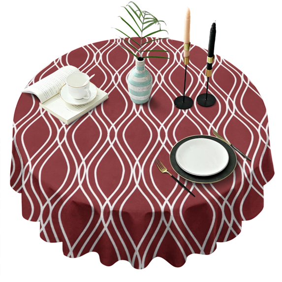 Burgundy and White Wavy Pattern Round Tablecloth 60"x60",Wrinkle Wipeable Table Cloth for Kitchen Dining Room Picnic Patio Party
