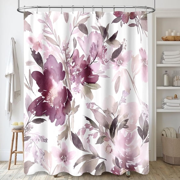 Mauve Floral Shower Curtain 60x72, Watercolor Flower Shower Curtain for Bathroom, Modern Abstract Ink Decorative Fabric Shower Curtain Set with Hooks