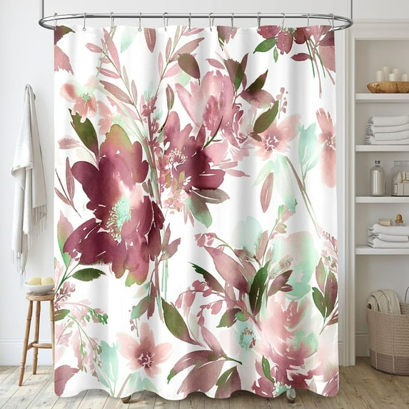 Burgundy floral shower curtain, watercolor floral bathroom shower curtain, modern abstract ink decorative fabric shower curtain set (with 12 hooks)