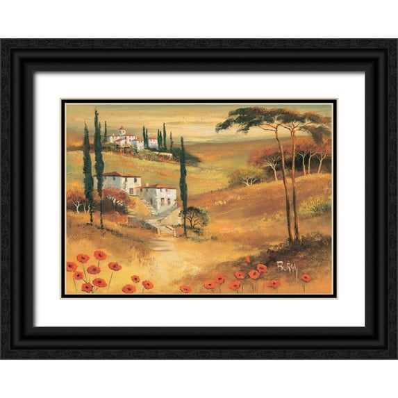 Burgy 24x18 Black Ornate Wood Framed with Double Matting Museum Art Print Titled - Poppies in Tuscany II
