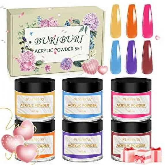 BuriBuri 6 Colors Acrylic Powder Set, Acrylic Nail Powder DIY Nail Art Design 3D Nail Extension Carving Colorful Polymer Nail Powder Set