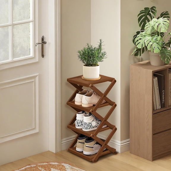 Buric 4 Tier folding Shoe Rack, Wooden Shoe Rack, Freestanding Small Shoe Rack, Stackable Nan Bamboo Shoe Rack Organizer(Tawny)