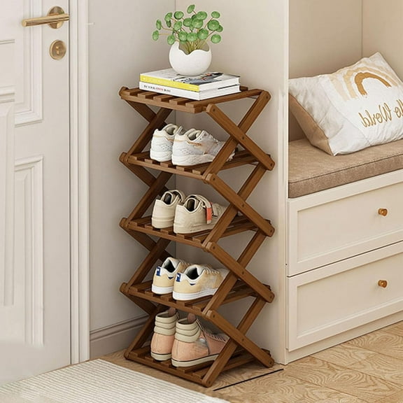 Buric 5 Tier Flexible Combination Shoe Rack, Shoe Organizer, Freestanding Small Shoe Rack, Stackable Nan Bamboo Shoe Rack Organizer, Brown