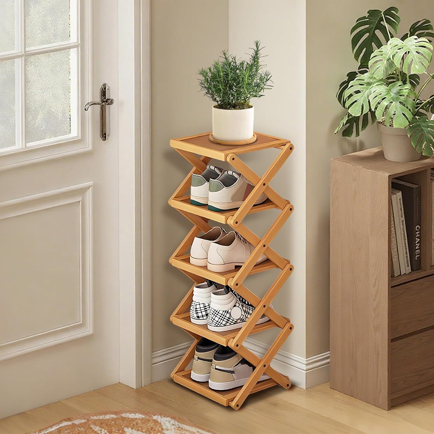 Buric 5 Tier folding Shoe Rack, Wooden Shoe Rack, Freestanding Small Shoe Rack, Stackable Nan Bamboo Shoe Rack Organizer(Natural)
