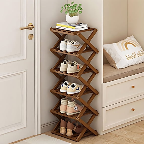 Buric 6 Tier Flexible Combination Shoe Rack, Shoe Organizer, Freestanding Small Shoe Rack, Stackable Nan Bamboo Shoe Rack Organizer, Brown