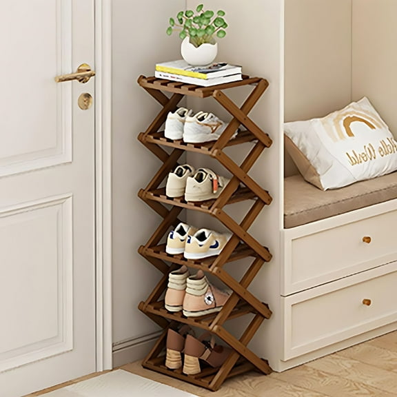 Buric 6 Tier Flexible Combination Shoe Rack, Shoe Organizer, Freestanding Small Shoe Rack, Stackable Nan Bamboo Shoe Rack Organizer, Brown