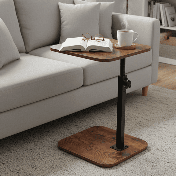 Buric C-shaped adjustable sofa side table, 360° swivel small side table, side table for living room, bedroom, sofa TV tray table, side table for small space (Brown)