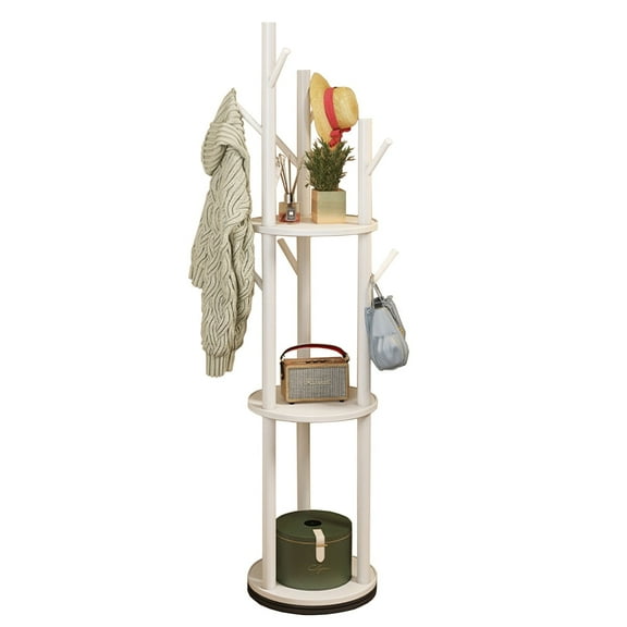 Buric Freestanding Coat Rack with 3 Shelves and 9 Hooks for Scarves, Bags, Modern Coat Hanger Stand (White)