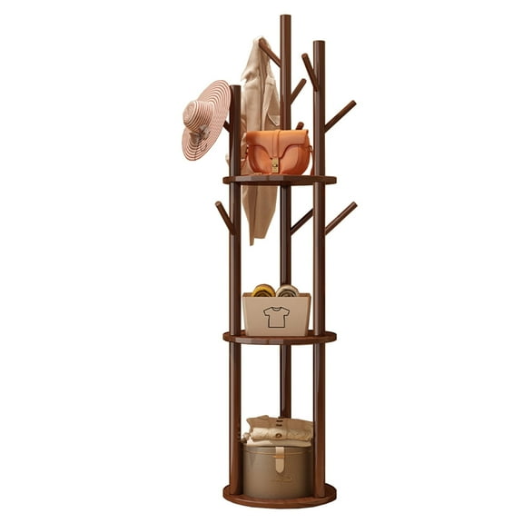 Buric Freestanding Coat Rack with 3 Shelves and 9 Hooks for Scarves, Bags, Modern Coat Hanger Stand(Walnut)