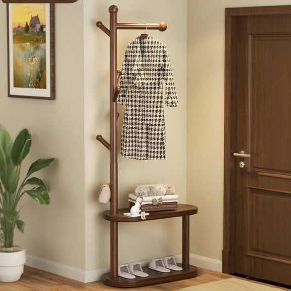 Buric Coat Rack, Freestanding Clothes Rack with Hooks, Double Bottom Storage Layer, Suitable for Hanging Clothes, Handbags, Scarves(Walnut)