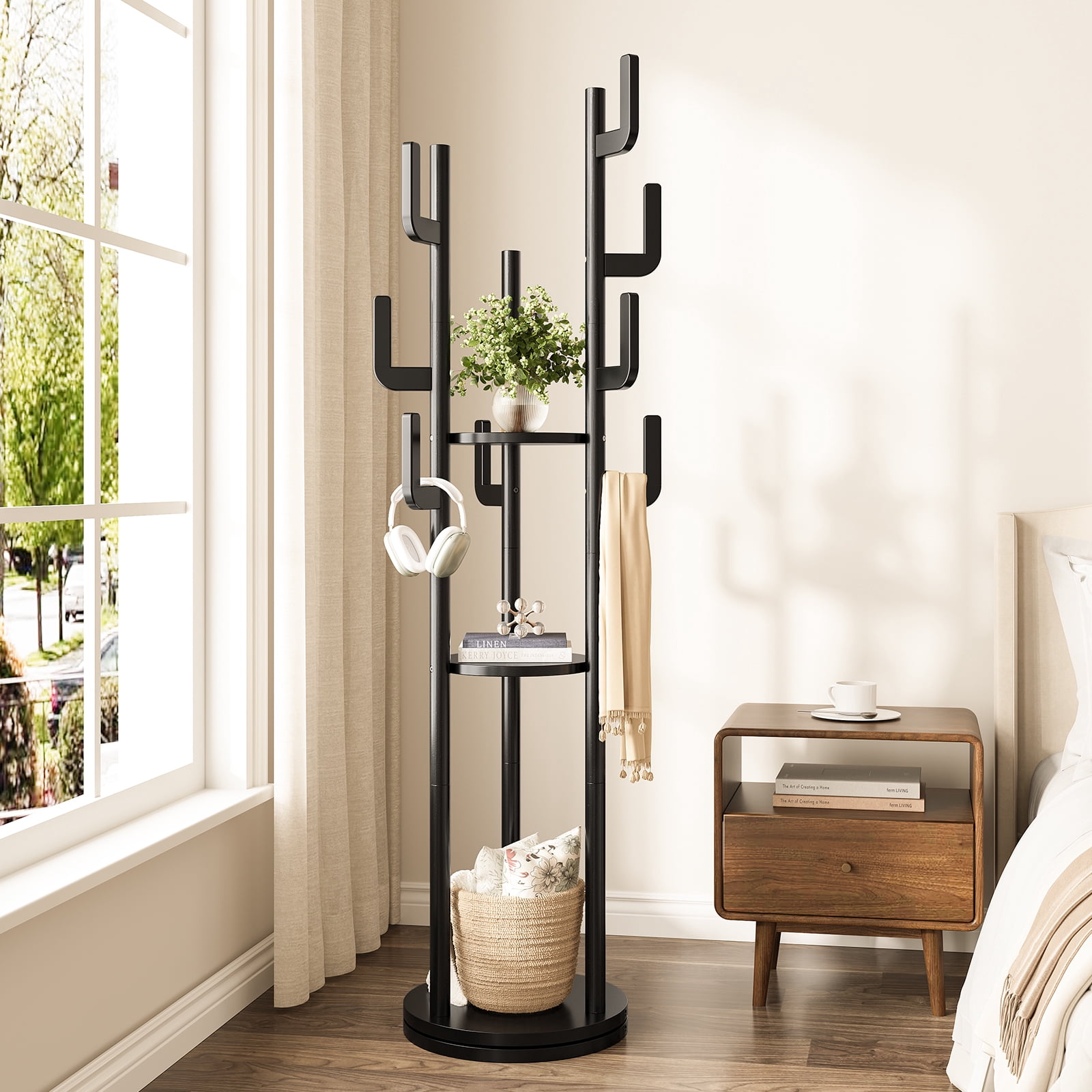 YUBO Co.ltd Rotary Coat Rack Freestanding, Solid Wood Coat Tree with 9 Hooks & 3 Open Shelves for Corner, Entryway, Hall Tree for Purse, Bag, Jacket, Hat