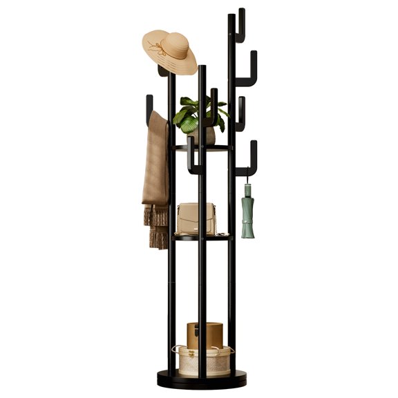 Rotary Coat Rack Freestanding, Solid Wood Coat Tree with 9 Hooks & 3 Open Shelves for Corner, Entryway, Hall Tree for Purse, Bag, Jacket, Hat