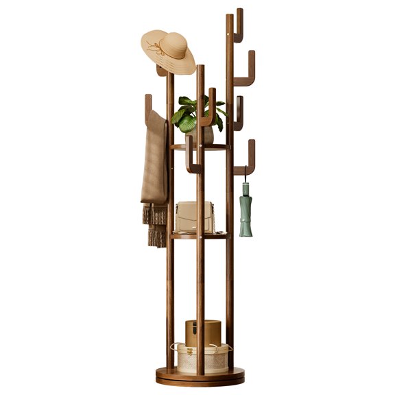 Rotary Coat Rack Freestanding, Solid Wood Coat Tree with 9 Hooks & 3 Open Shelves for Corner, Entryway, Hall Tree for Purse, Bag, Jacket, Hat