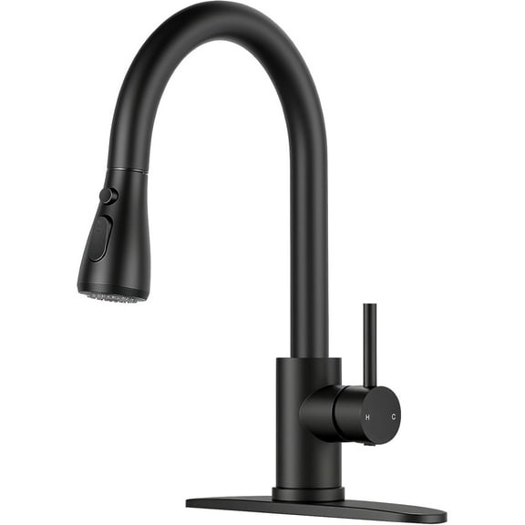 Buric Kitchen Faucet with Pull Down Sprayer, Stainless Steel Kitchen Sink Faucet with Deck Plate to Cover. Black