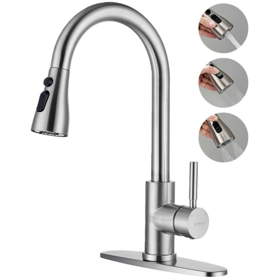Buric Kitchen Faucet with Pull Down Sprayer, Stainless Steel Kitchen Sink Faucet with Deck Plate to Cover. Silver