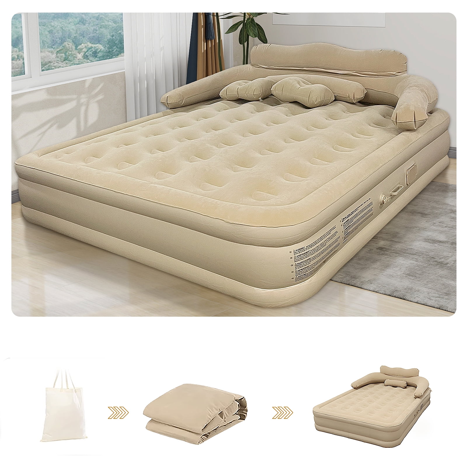 Buric double bed Extra Large Size Air Mattress with Headboard | Dual Pump,  Inflatable Camping Airbed Electric(Beige，75.5\, image size:1600x1600