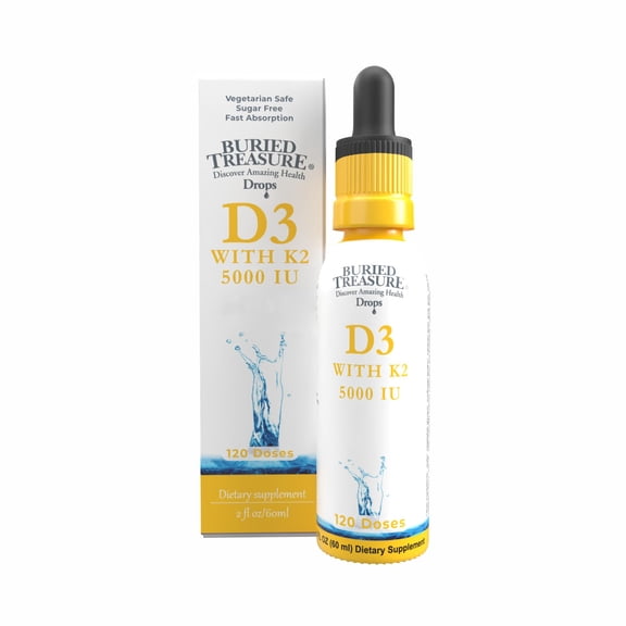 Buried Treasure Vitamin D3 & K2 Drops - 5000 IU D3 with 100 mcg K2 for Bone, Heart & Immune Support, Sugar free, 2 fl oz