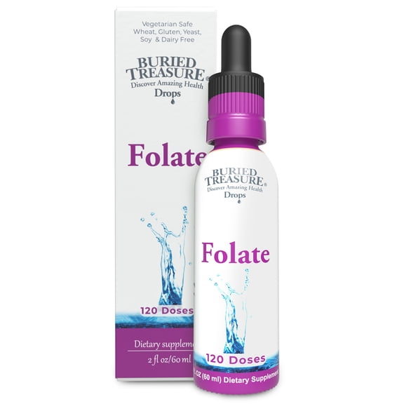 Buried Treasure Folate Drops - Methylated B-9 (Calcium L-5 Methyltetrahydrofolate), Supports Energy Production, Heart Health, and Pregnancy, 5-MTHF Supplement Vegan Safe, 120 Servings