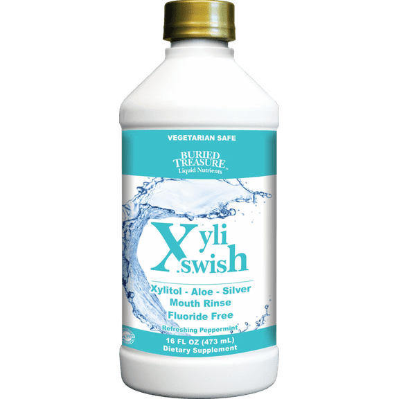 Buried Treasure Xyli Swish All Natural Mouth Rinse Fluoride Free with Xylitol, Aloe and Silver with Natural Peppermint Flavor 16 oz