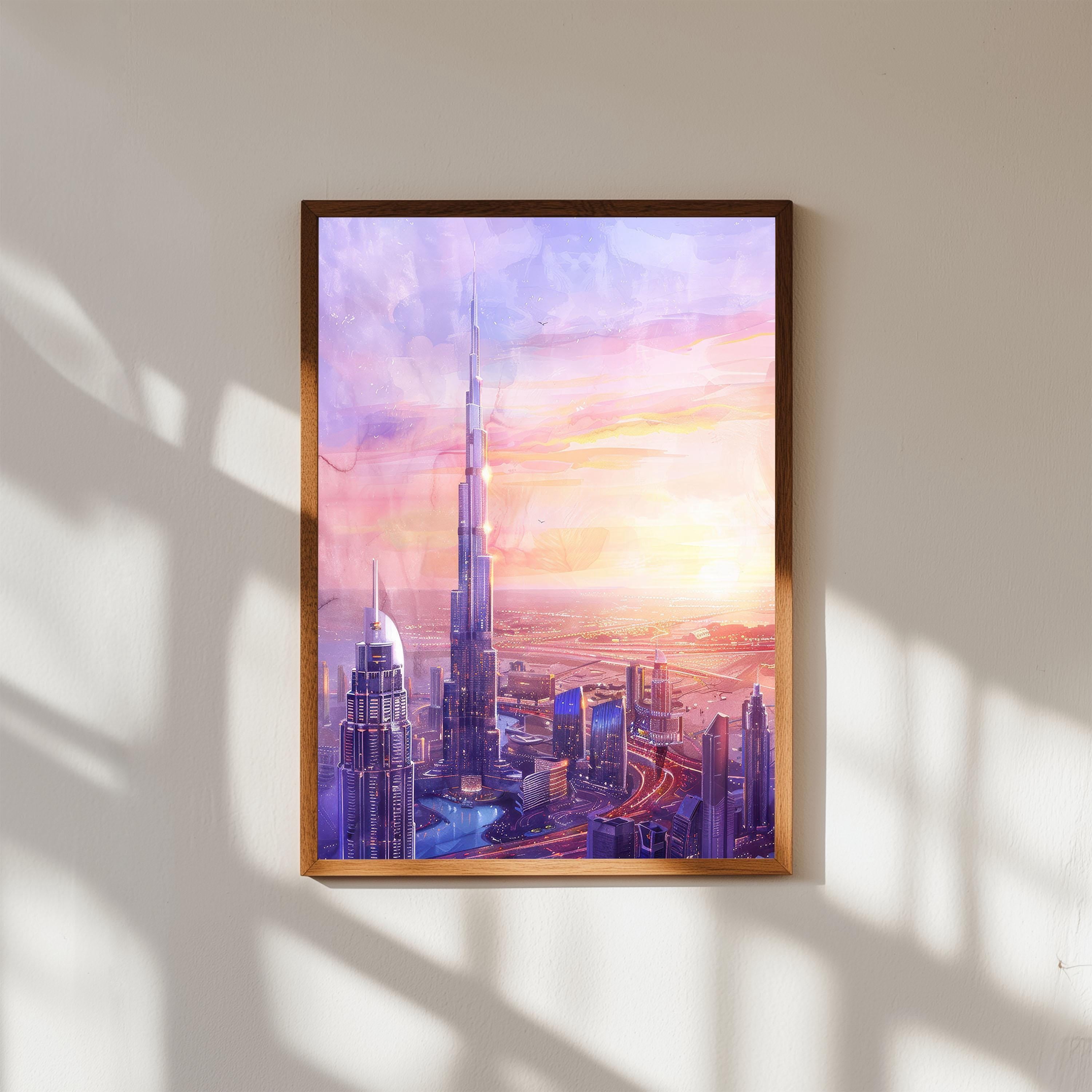 Store Sign Flashcard Burj Khalifa Watercolor Dubai Sunset Cityscape Poster , Poster Print ...