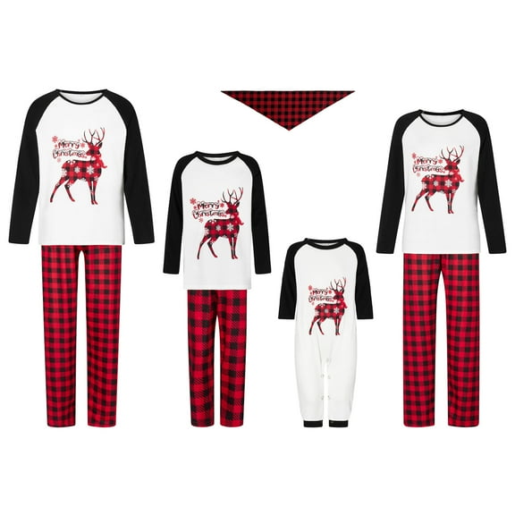 Burkashear Christmas Family Pajamas Matching Set Elk Print Long Sleeve Tops and Plaid Pants Loungewear Soft Sleepwear