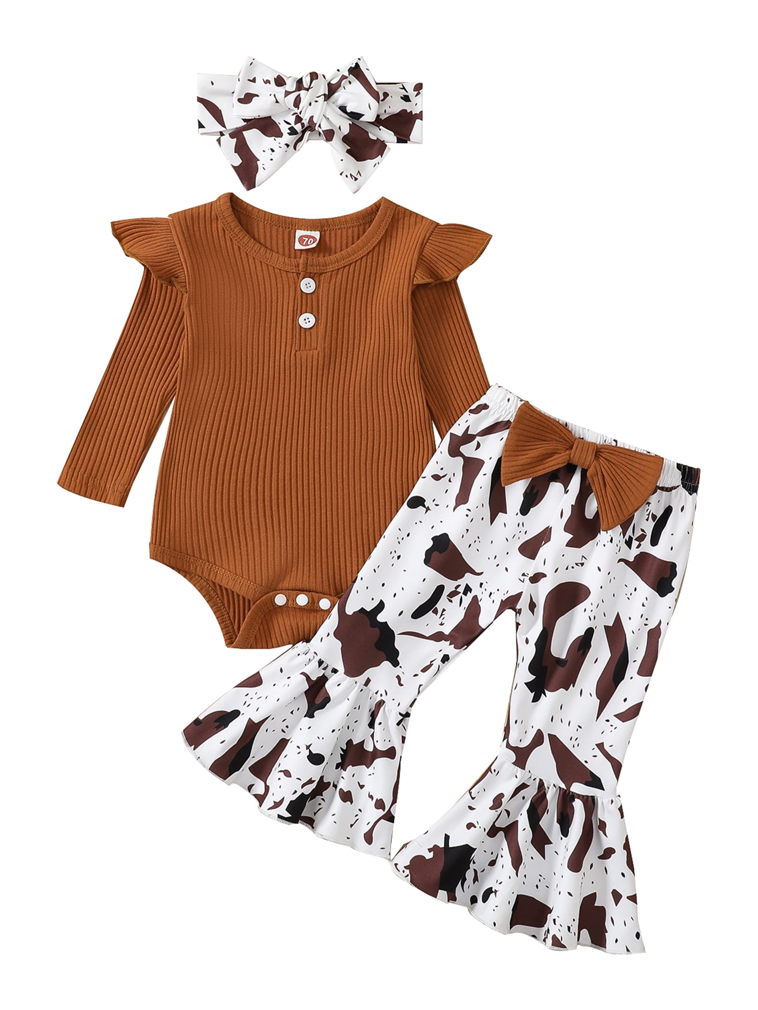 Burkashear Infant Baby Girls Autumn Spring Clothes Set 0 3 6 9 12 Months Solid Color Ribbed Fly Sleeve Round Neck Romper + Leopard/Cow Flare Pants
