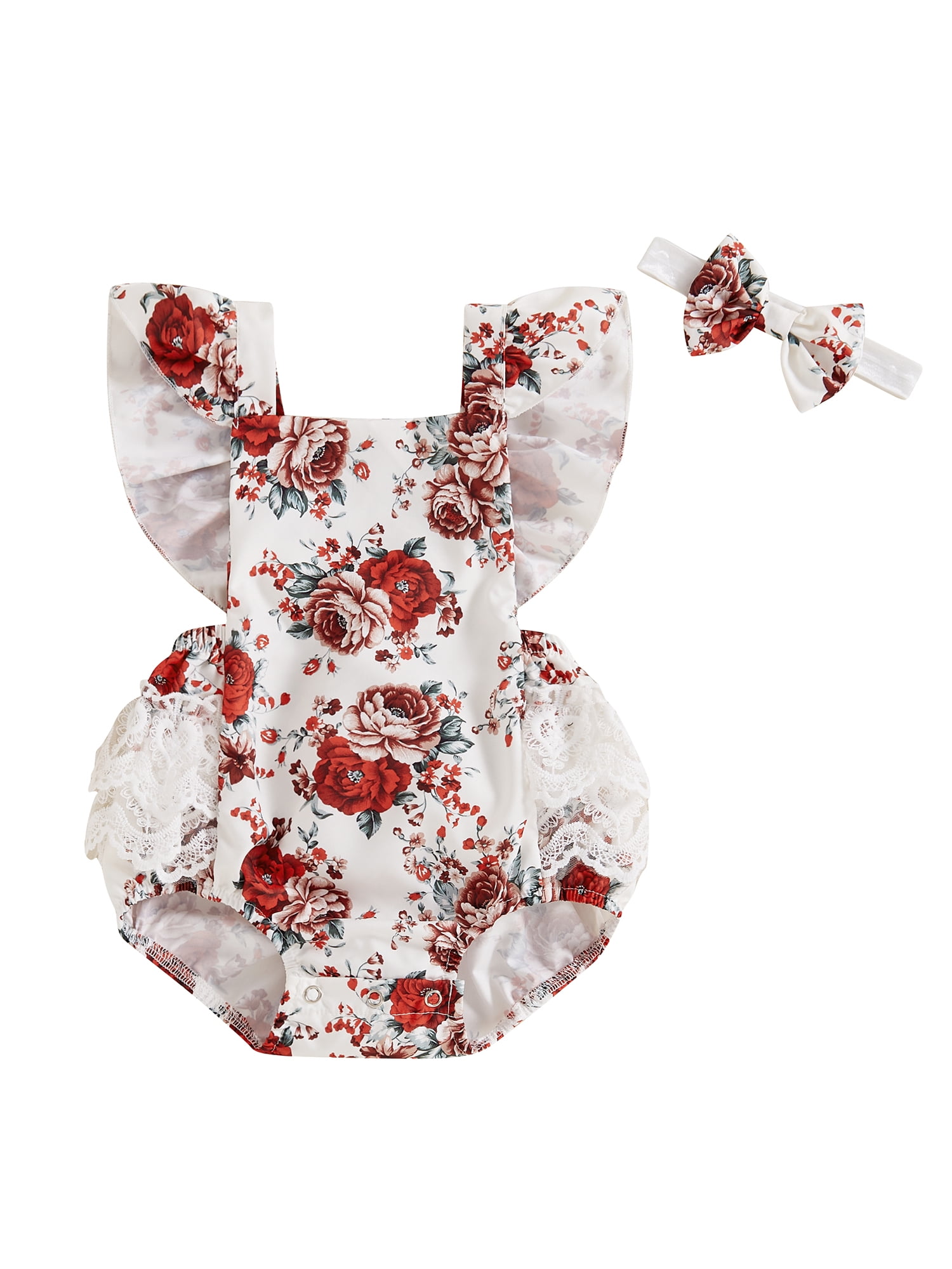 Burkashear Infant Baby Girls Summer Romper Clothes Set 0 3 6 12 18 Months Floral Print Lace