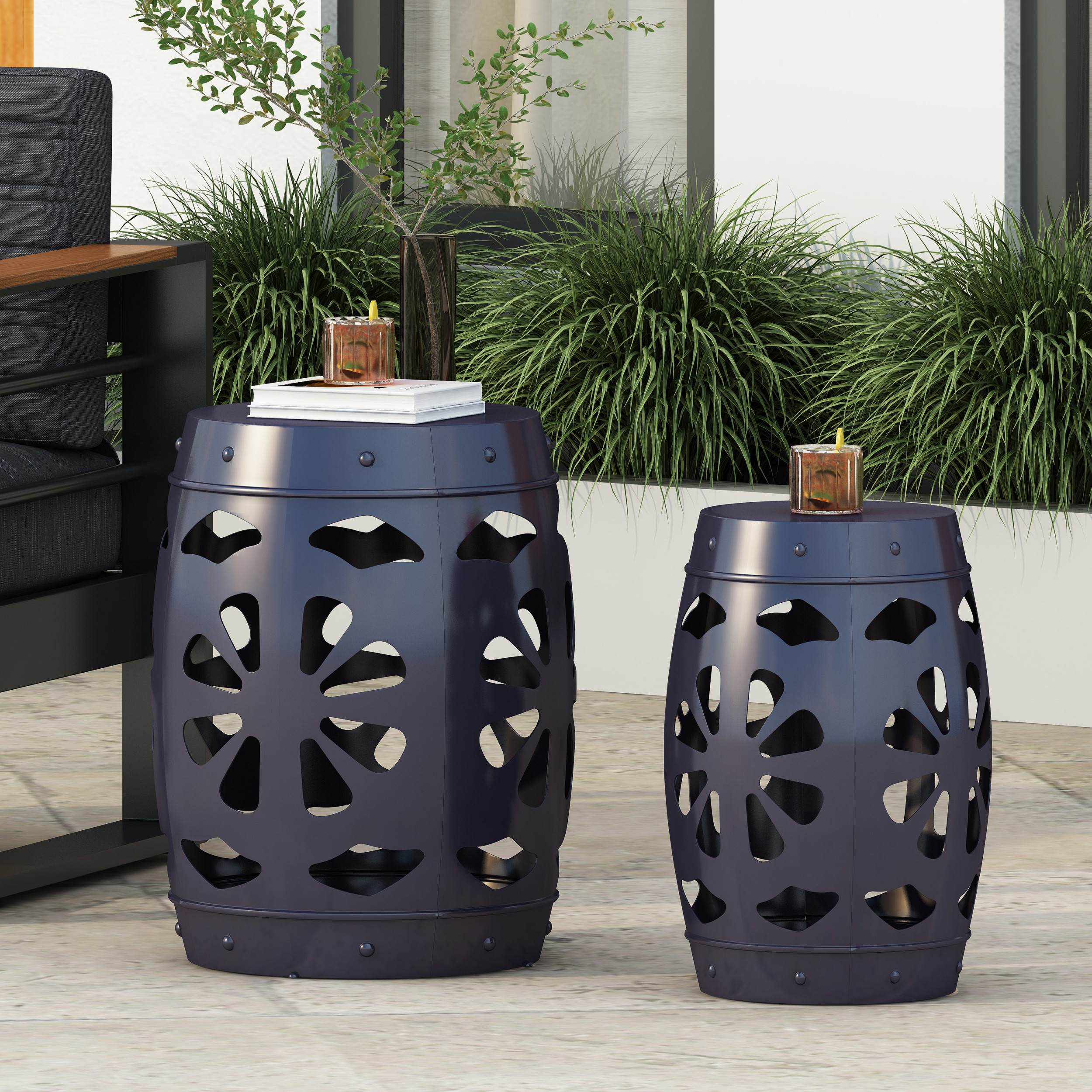 Burkehaven Metal Outdoor Side Tables, Set of 2, Navy Blue