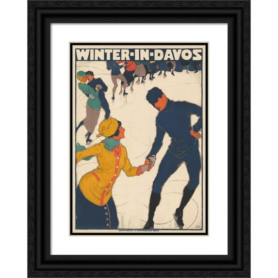 Burkhard Mangold 11x14 Black Ornate Wood Framed Double Matted Museum Art Print Titled: Winter in Davos (1914)