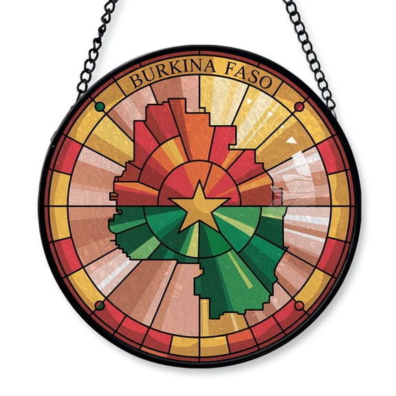 Burkina Faso Travel Decor Suncatcher Stained Glass Window Hanging, Gift for Traveller, Collection of Country Travel Souvenirs for Family and Friends, Burkina Faso Map and Flag Décor