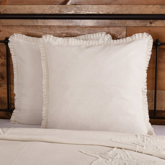 VHC Brands Burlap Natural Fringed Ruffle Solid Color Cotton Farmhouse Bedding Square Euro Sham, Antique White