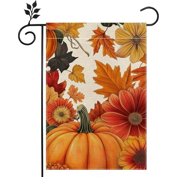Burlap Autumn Thanksgiving Fall Pumpkin Garden Flag 12x18 Double Sided Maple Leaf Sunflower for Rustic Farmhouse Outdoor Decor