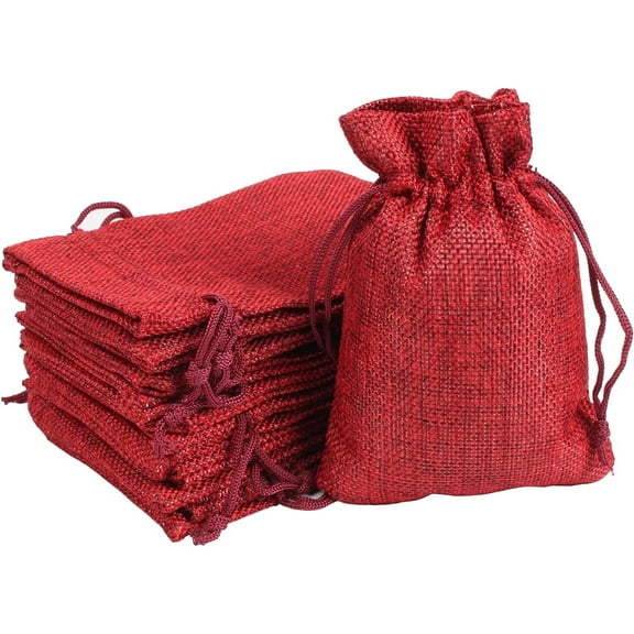 Burlap Bags, 25 Packs 5''x7'' Burlap Drawstring Gift Bag Party Favor Pouch Linen Jewelry Pockets for Christmas Thanksgiving Easter Valentine's Day Presents Arts Crafts (5''x7'', Wine Red)