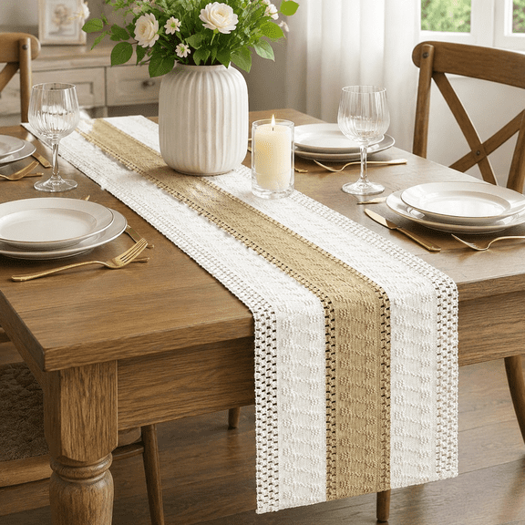 Burlap Brown Macrame Cotton Blend Table Runner, 12×72 Inch, Farmhouse Rustic Hollow Design, Seasonal Holiday Decor for Kitchen, Dining Table, Dresser, Home Party