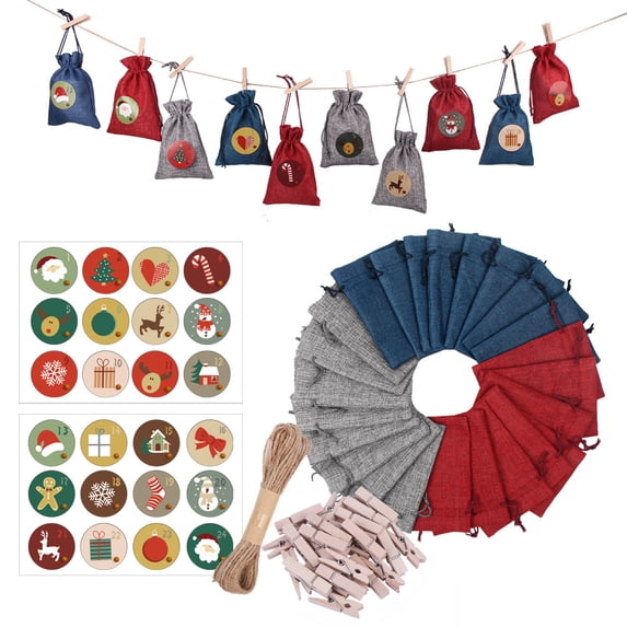 Burlap Christmas Gift Bag Set, 24 Advent Calendar Holidays, Christmas Candy Bag(13*18CM Christmas Bag Set 3 Colors)