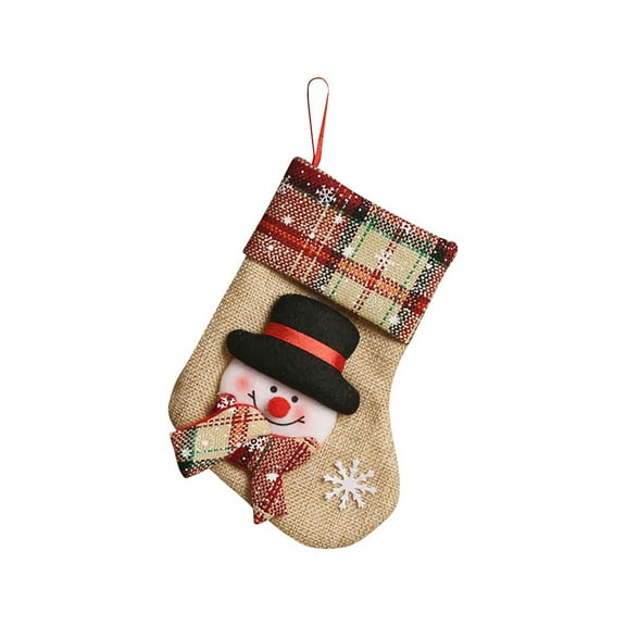 Burlap Christmas Stockings for Xmas Tree,3D Bulk Xmas Stockings, Santa Snowman Reindeer Burlap Plaid Edge Stockings for Present Holders Treat Bags Decoration Xmas Party Decors