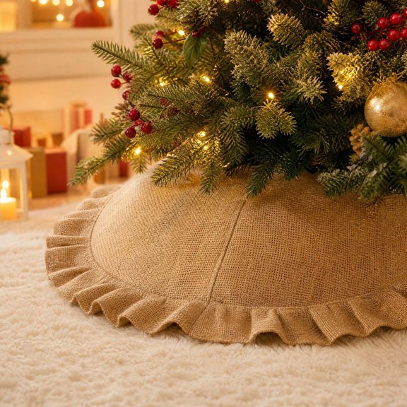 Burlap Christmas Tree Skirt Ruffled Jute Rustic Farmhouse Xmas Tree Base Cover Holiday Home Decor Under the Tree